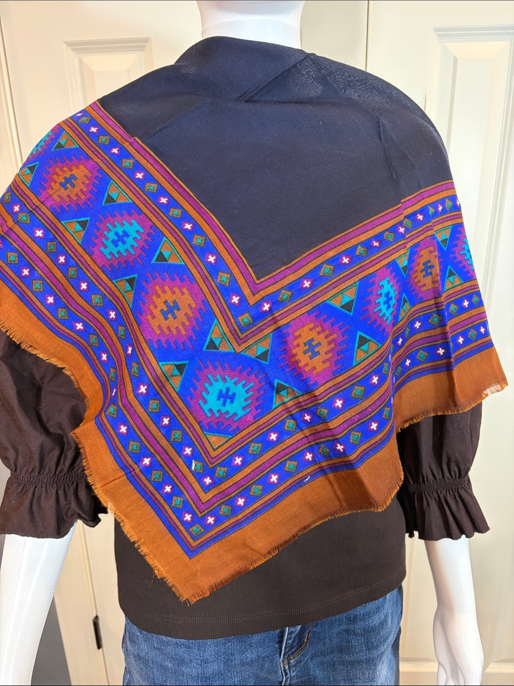 Bohemian Geometric Print Square Scarf in Navy and Rust